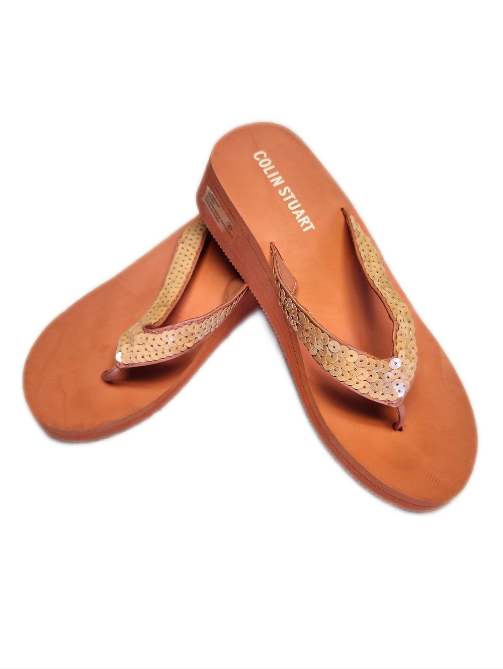 Colin Stuart Orange Flip Flop Sandals, 1.5" Wedge, Sequin Thong Straps, 8